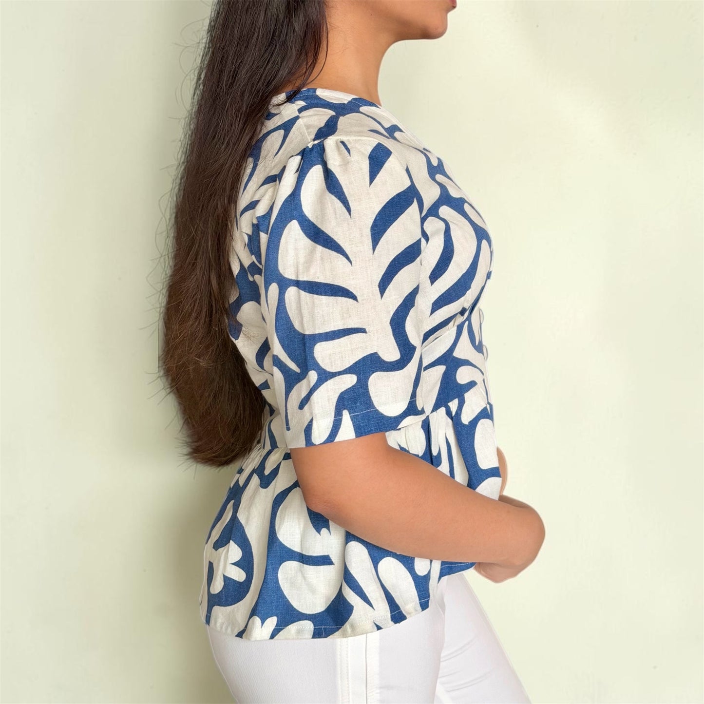 Linen Abstract Top back view — ivory cotton-linen women's peplum top | Kodds