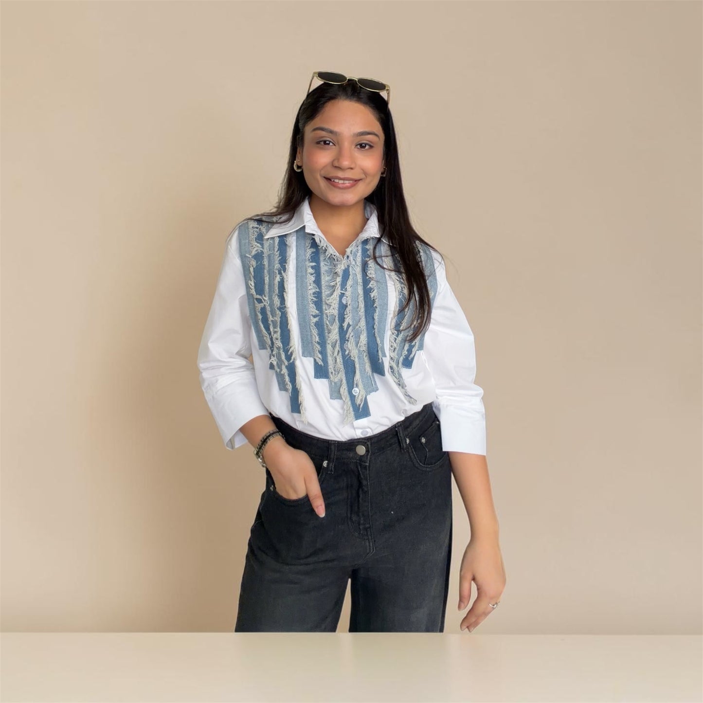 Denim Fringe Shirt - outfit view - Kodds