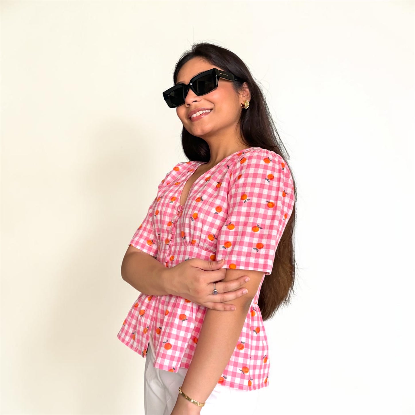 Gingham Peach Top side view — fitted waist, V-neckline, short sleeves | Kodds