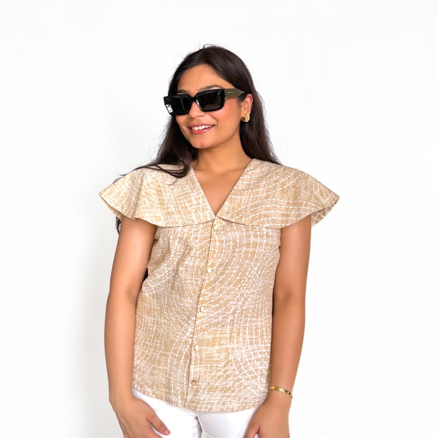 Sand Dune Top front view — oversized sailor collar, beige abstract print, V-neckline | Kodds
