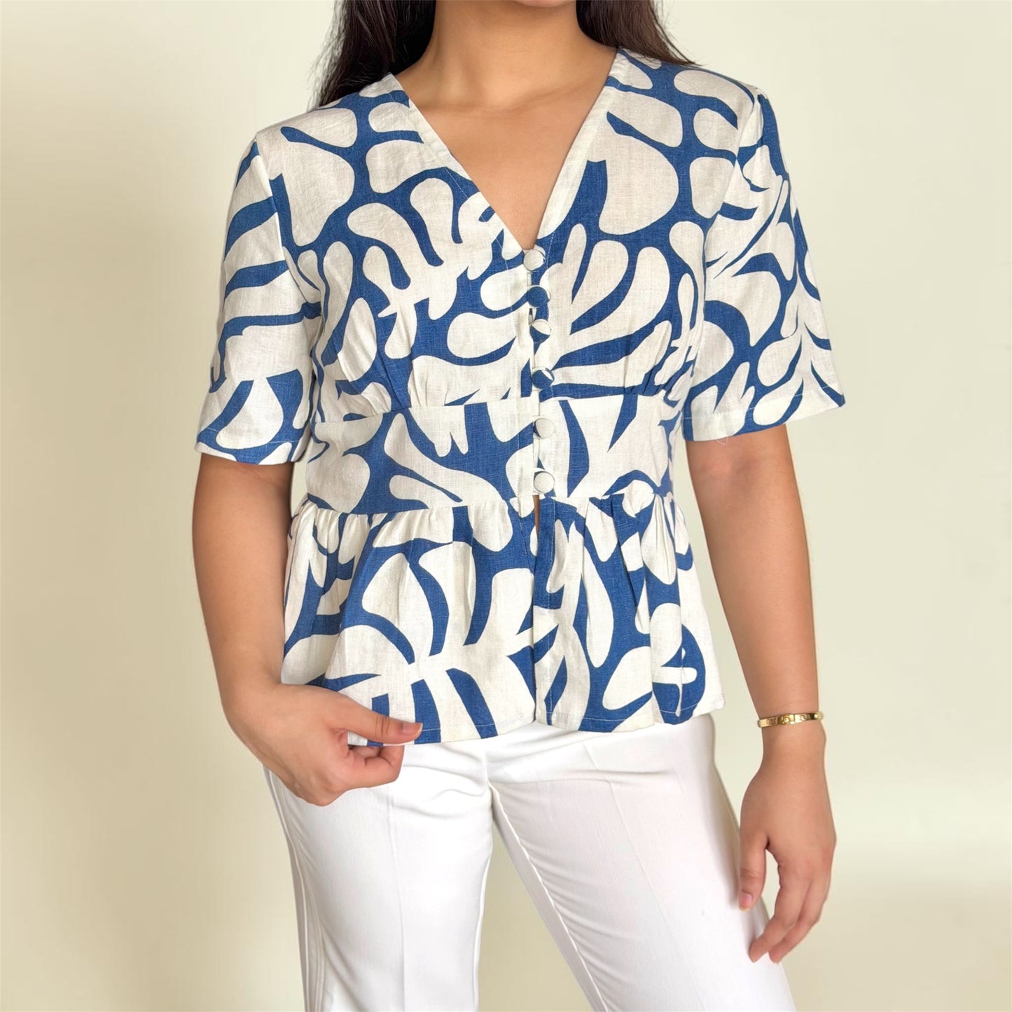 Linen Abstract Top side view — cotton-linen peplum top with short sleeves | Kodds