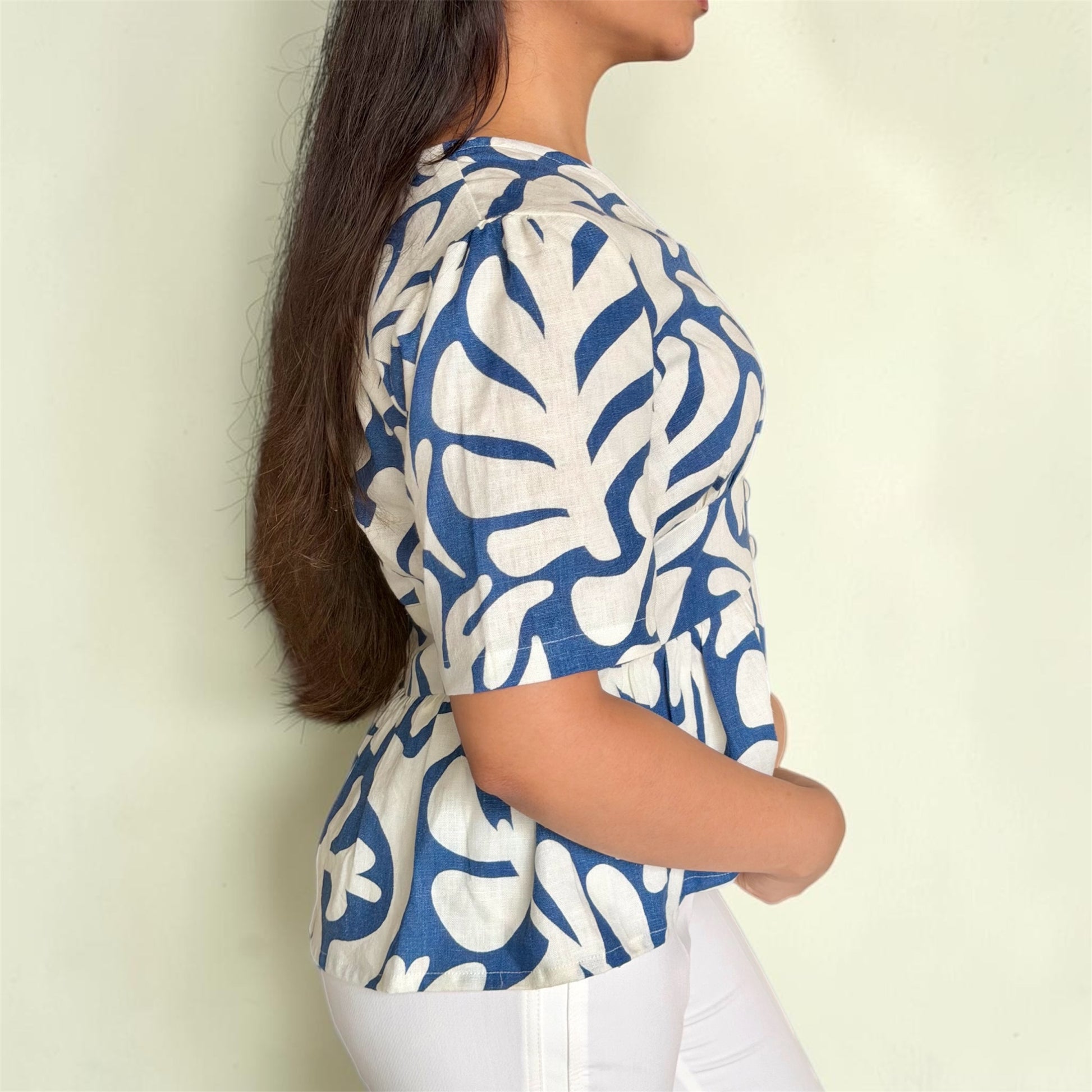 Linen Abstract Top back view — ivory cotton-linen women's peplum top | Kodds
