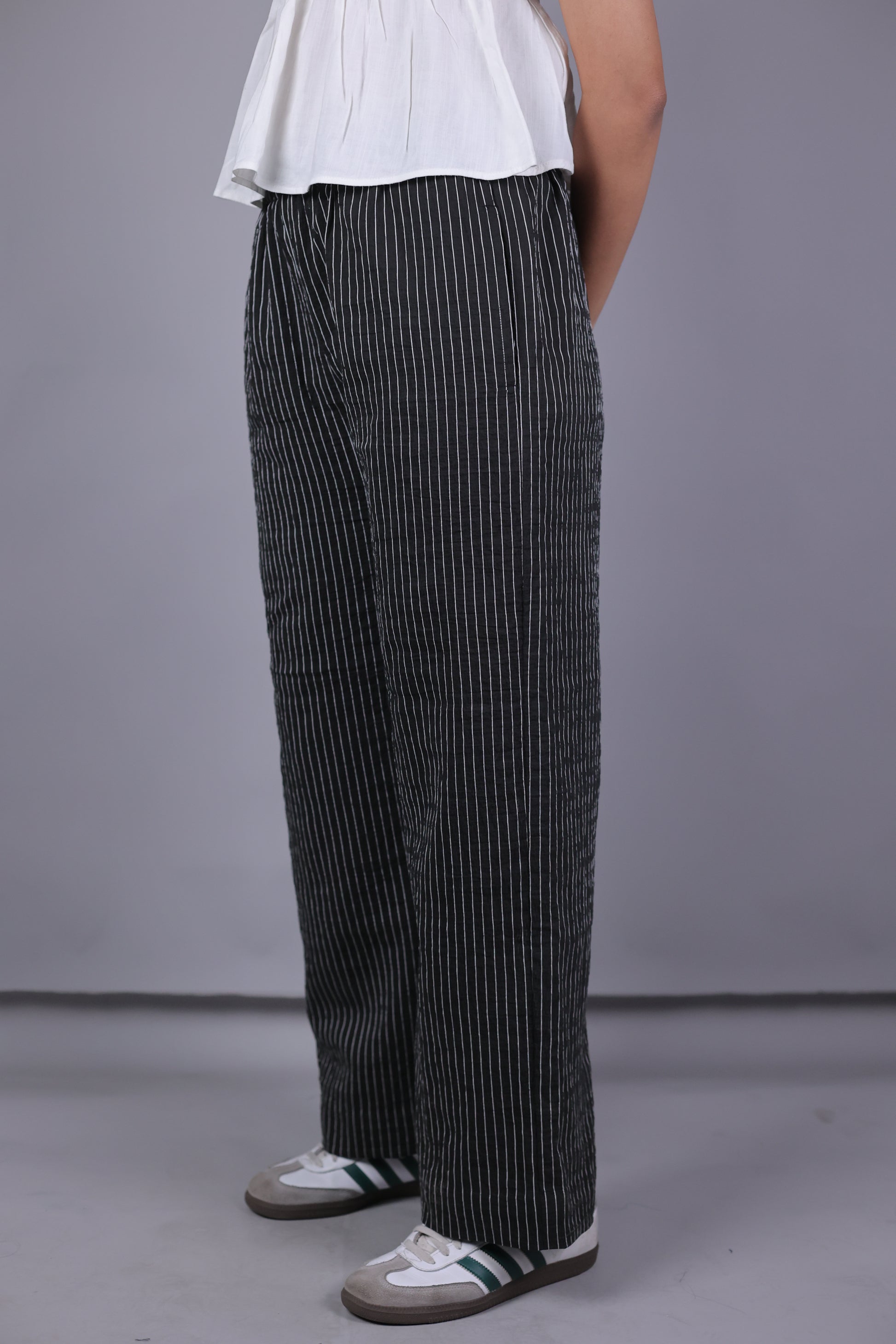 Black Striped High-Waist Wide-Leg Trousers | Kodds