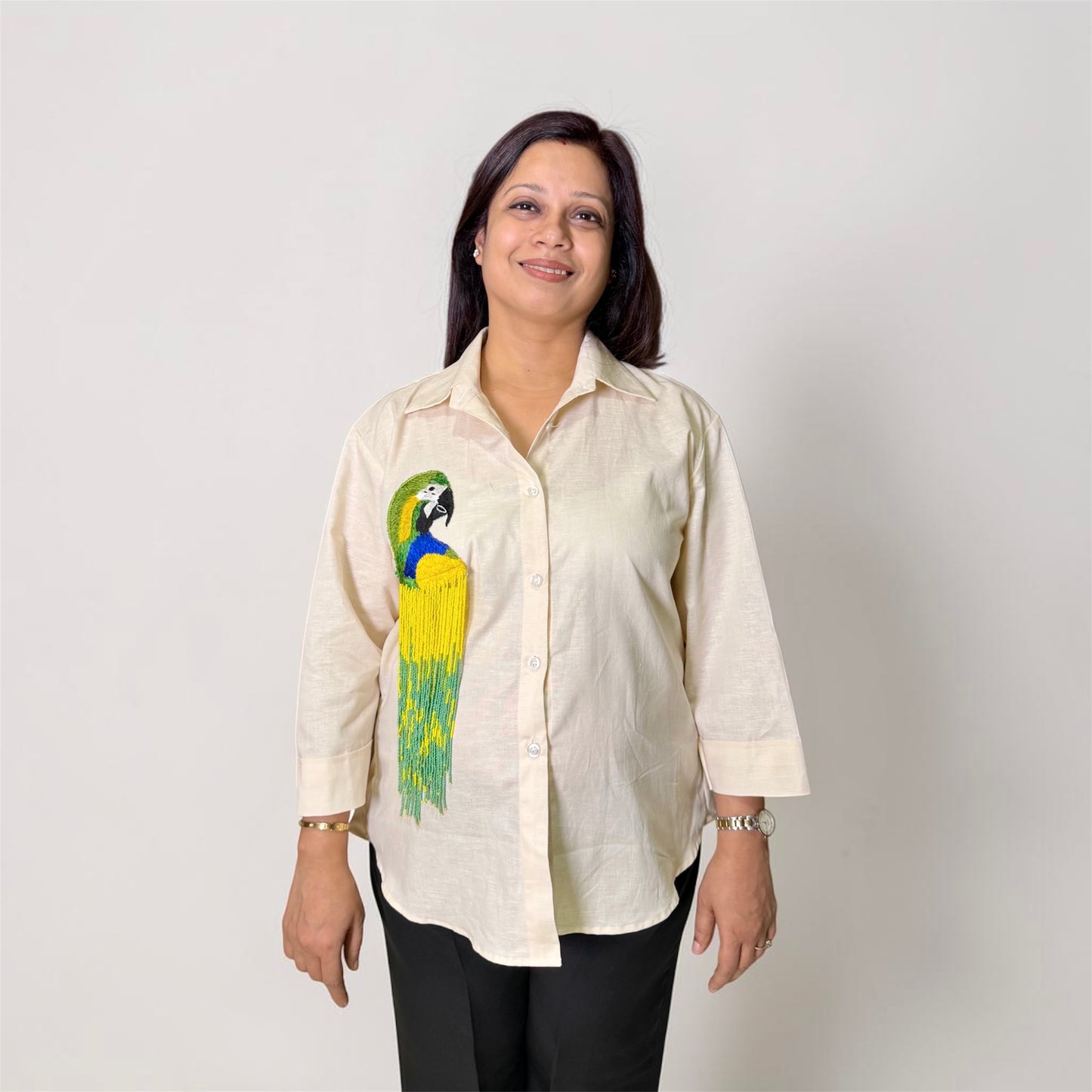 Boho Parrot Hand Embroidered Ivory Linen Shirt | Kodds