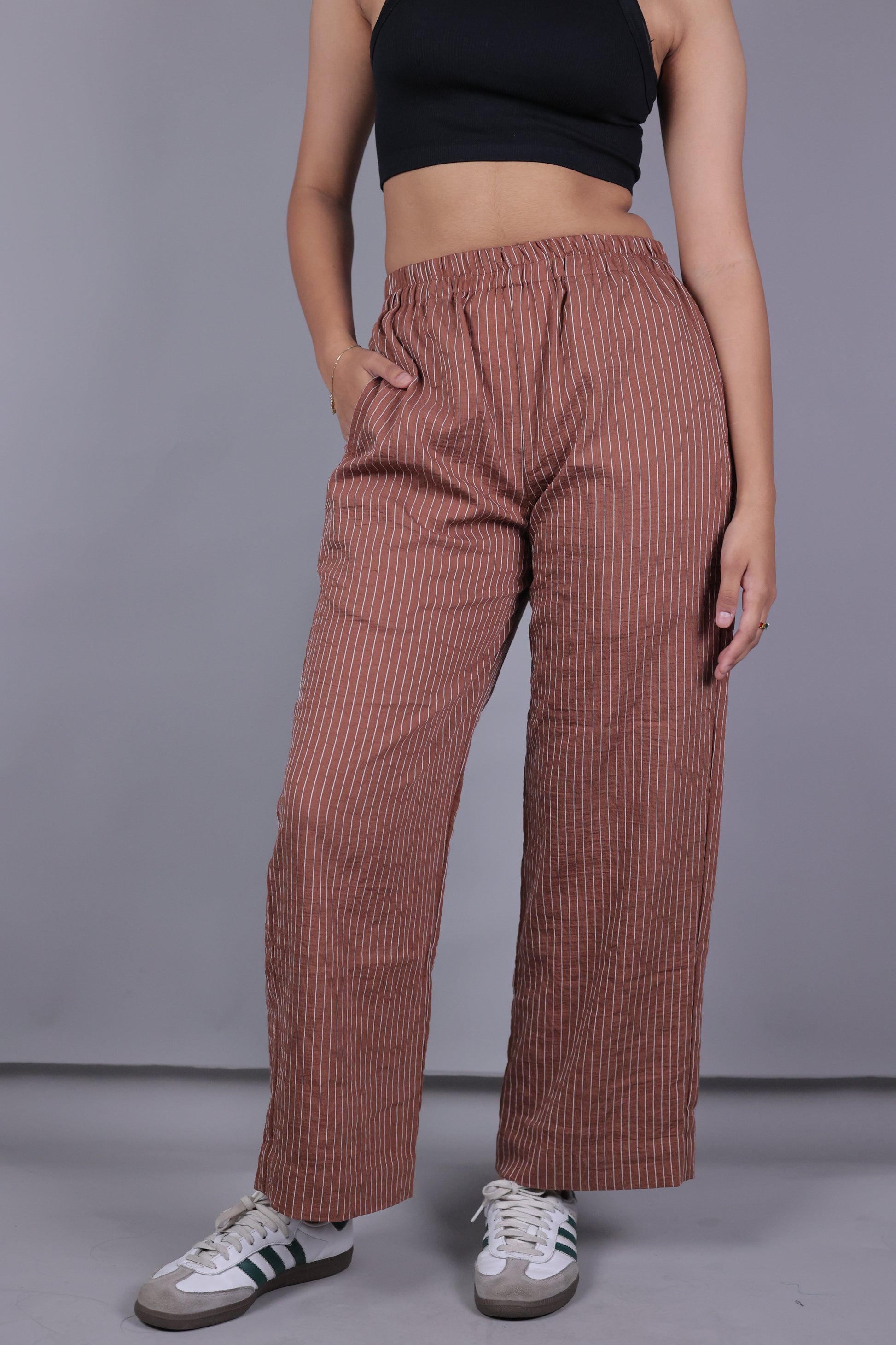 Brown Striped Trousers - side view - Kodds