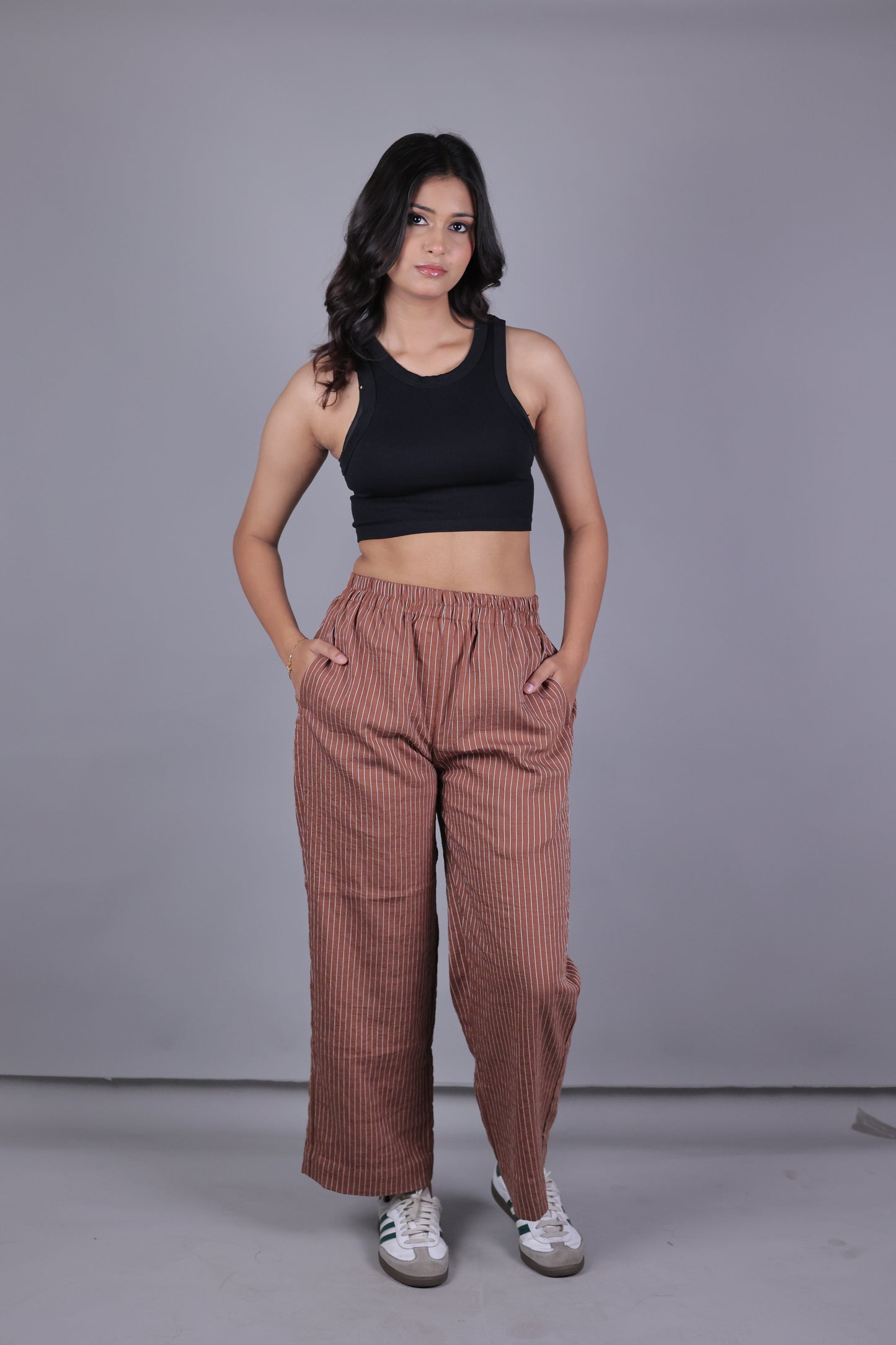 Brown Striped High-Waist Trousers | Kodds