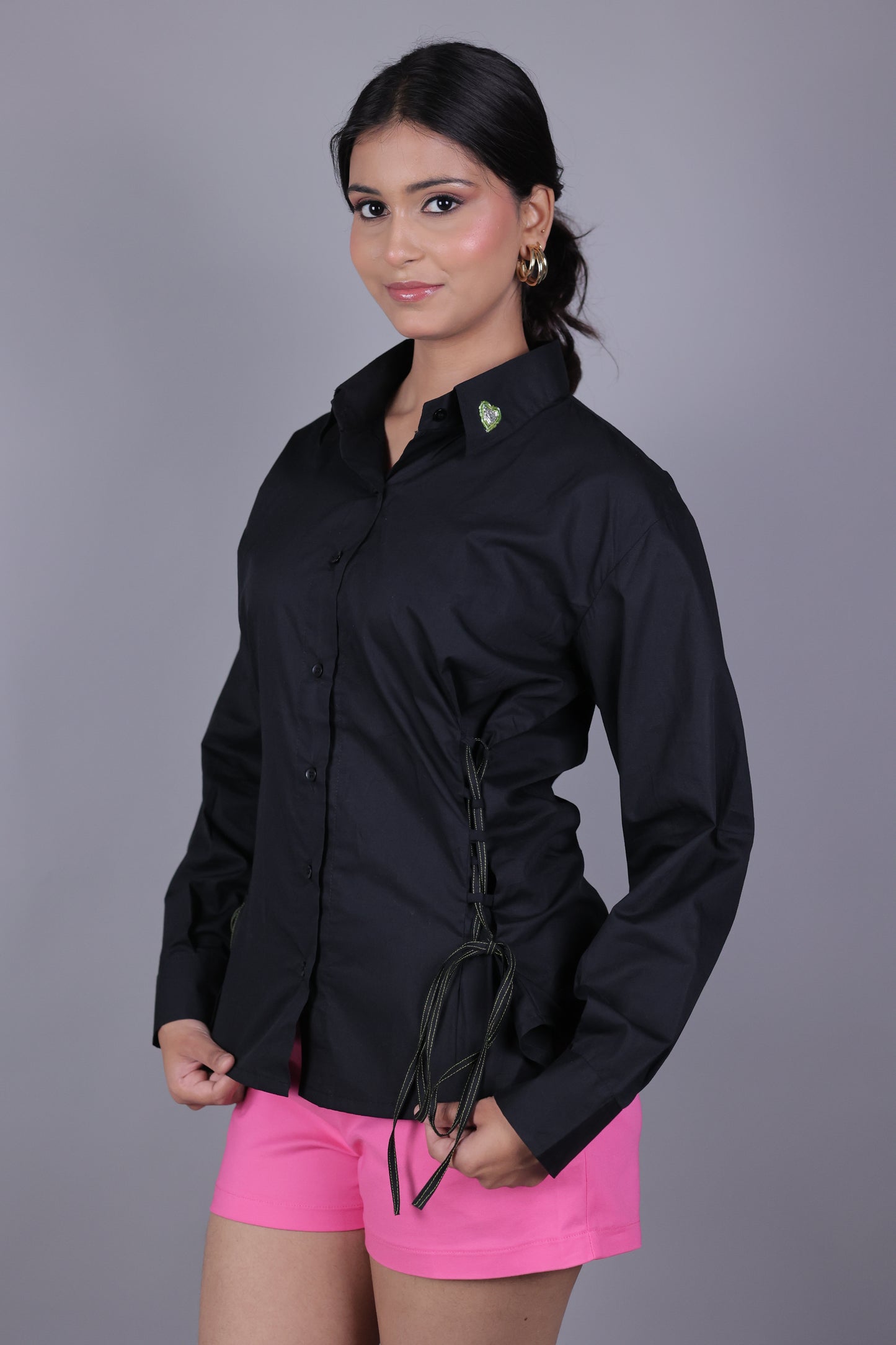 Side-Tie Black Slim Fit Women's Shirt | Kodds