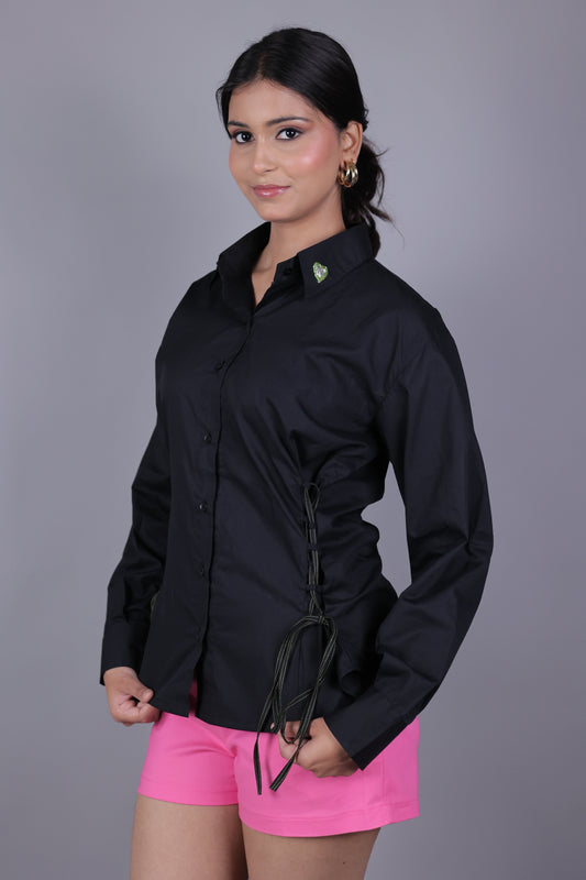 Side-Tie Black Slim Fit Women's Shirt | Kodds